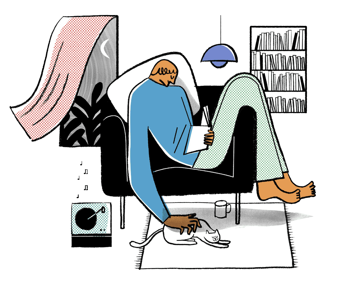 Illustration of resident reading at home petting their cat